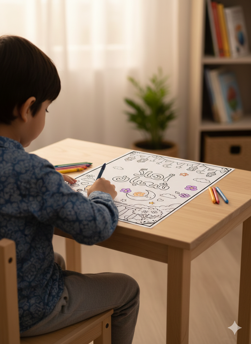 طفل يلوّن ملف أهلا شعبان من مدونة رياض الجنة